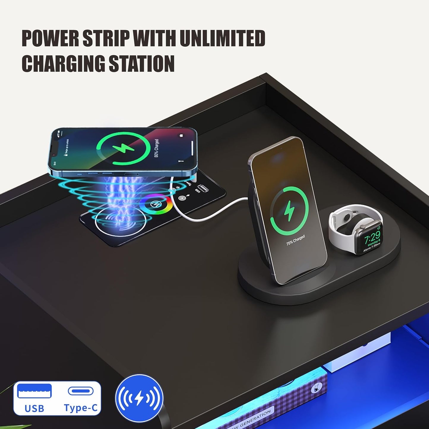Nightstand with Wireless Charging Station Bedside Table with RGB Light & Human Sensor Design 3 Drawers LED Modern Night Stand End Table for Bedroom, Black