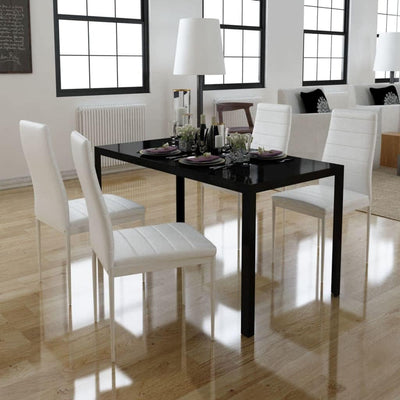 Five Piece Dining Table Set Black and White,Modern Dining Table Set with Tempered Glass and Artificial Leather Chairs in Black and White Furniture Sets