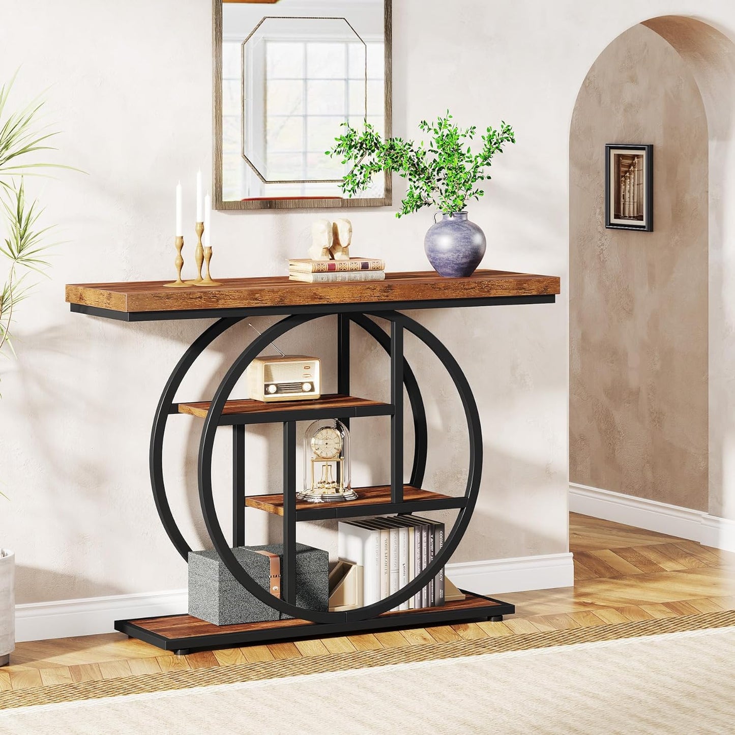Rustic Console Table Hallway,105Cm Console Table, 4-Tier Entryway Console Table, Narrow Hall Table with Storage Shelves for Living Room, Foyer, Rustic Brown