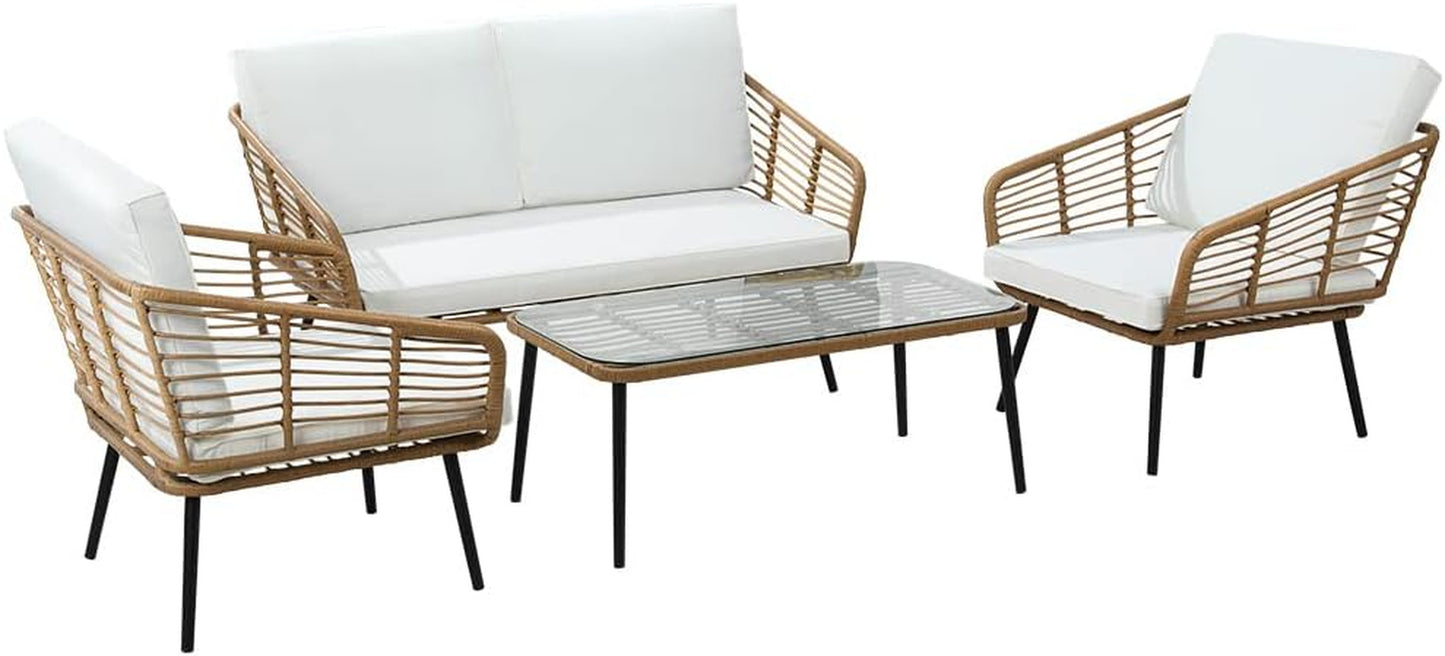 Outdoor Sofa 4 Piece Wicker Lounge Setting Table and Chairs, Patio Furniture Rattan Modular Set Garden Pool Deck Backyard, Weather-Resistant Cushions Glass Tabletop Brown