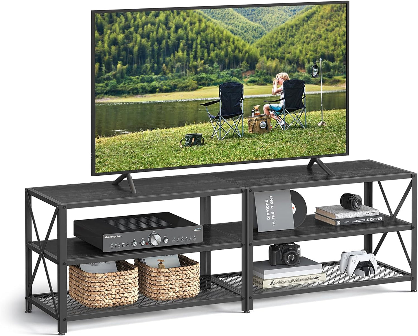 VASAGLE TV Stand, TV Console for Tvs up to 70 Inches, TV Table, 63 Inches Width, TV Cabinet with Storage Shelves, Steel Frame, for Living Room, Bedroom, Rustic Brown and Black ULTV095B01