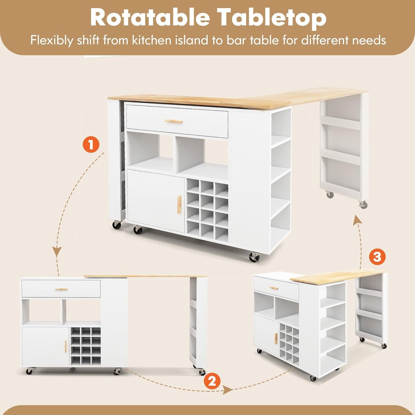 Kitchen Island Cart Bar Table Combo, 2-In-1 Reversible Mobile Serving Cart, Rubber Wood Top, Adjustable Shelf, 12-Bottle Wine Rack, Drawer, Spice Rack, Island Trolley Storage Cart, White