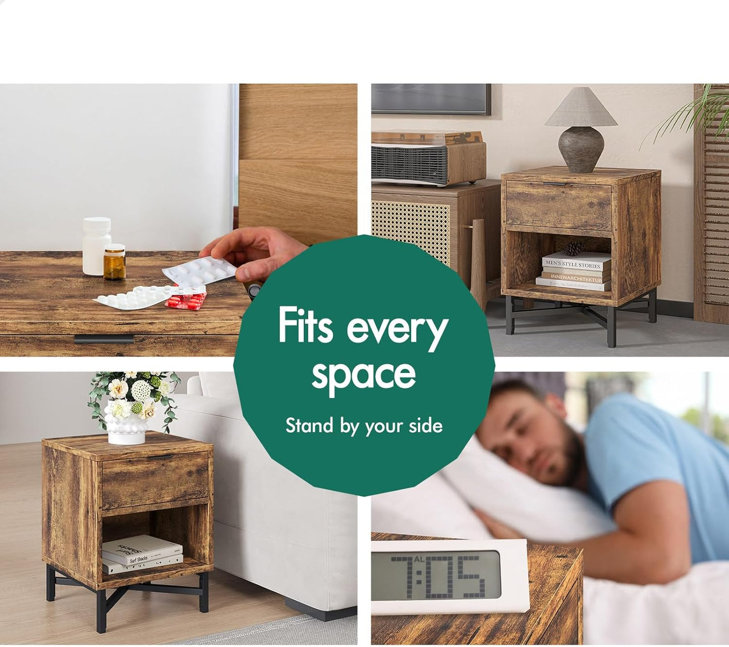 Wooden Bedside Table with Metal Frame Base, Compact Nightstand with Drawer and Shelf, 40 X 39.5 X 50.5Cm, Wood