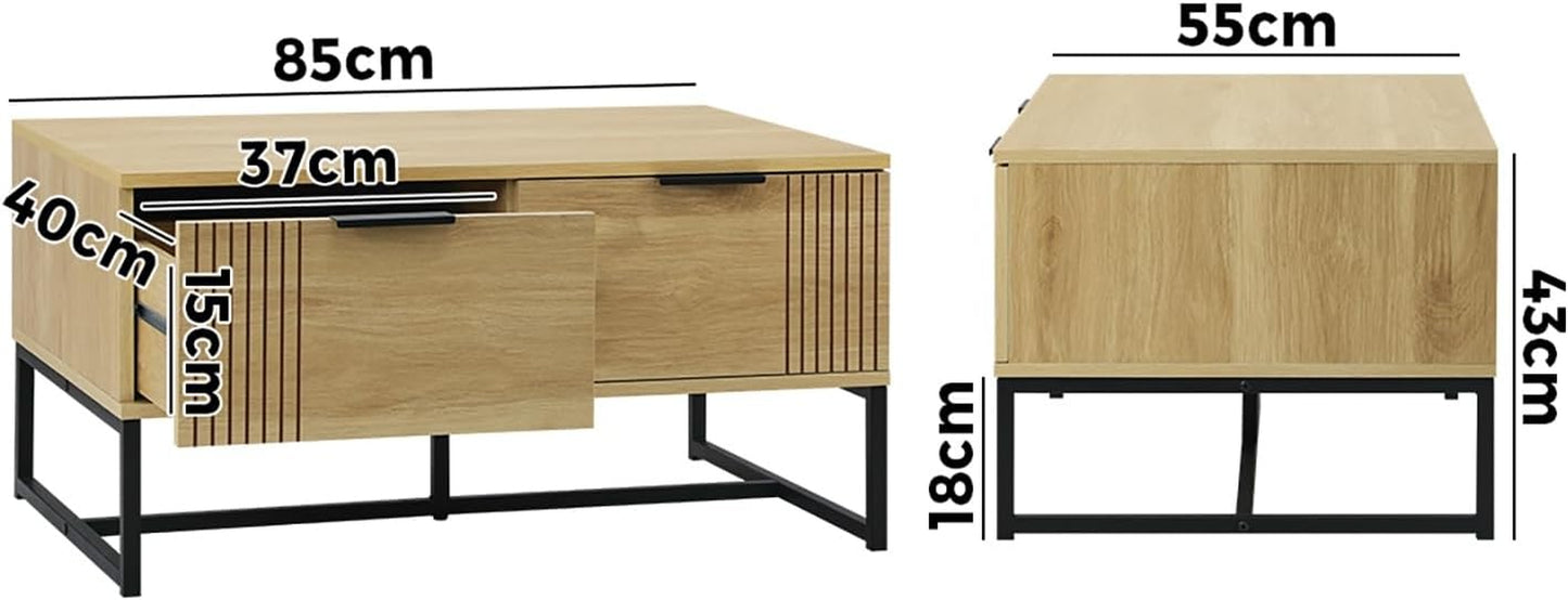 Coffee Table with Metal Base and 2 Storage Drawer Side End Table