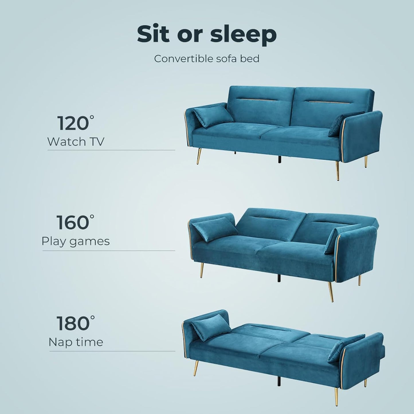 3 Seater Sofa Bed, Convertible Velvet Lounge Futon Couch with Recliner, Adjustable 3 Level Backrest with 2 Throw Pillow, Golden Legs for Small Spaces(198Cm X 80Cm X 83Cm, Peacock Blue)