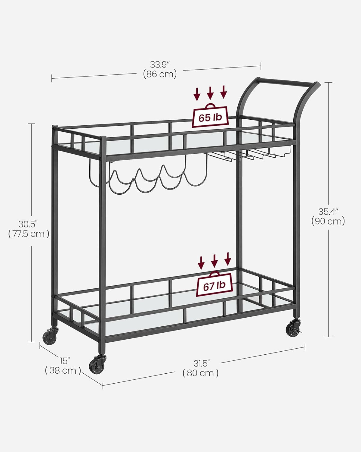 Bar Cart Black, Home Bar Serving Cart, Wine Cart with 2 Mirrored Shelves, Wine Holders, Glass Holders, for Kitchen, Dining Room, Black ULRC090B62