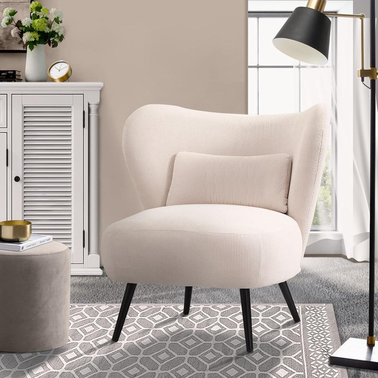 Oikiture Boucle Armchair with Lumbar Pillow and Wingback Velvet Lounge Sofa Accent Chair White