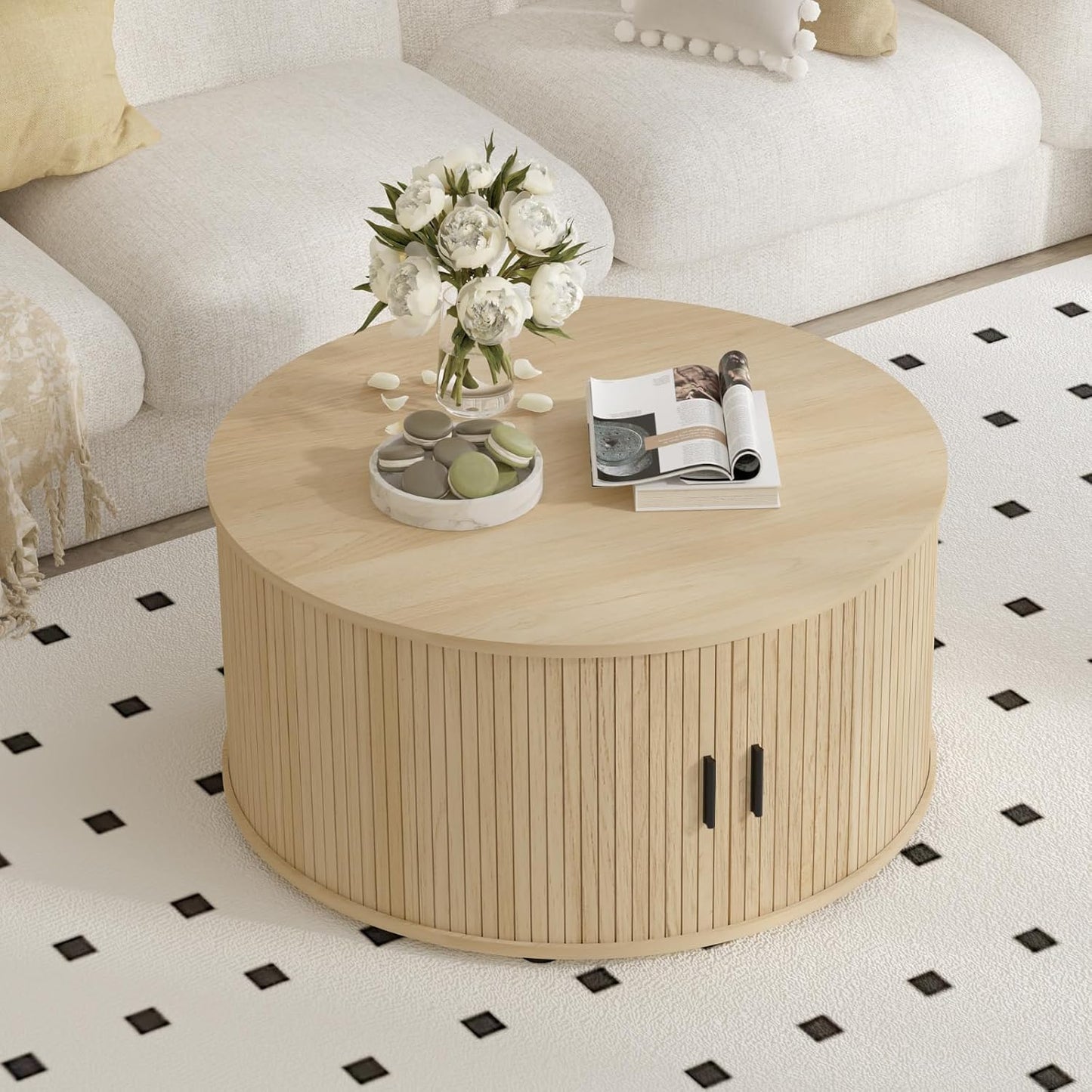 Round Coffee Table with Storage, Mid Century Modern Coffee Table with Sliding Cabinet Door, Wood Coffee Table for Living Room Oak