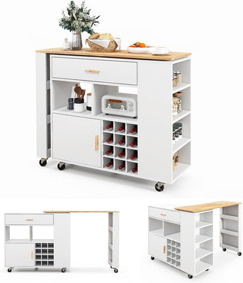Kitchen Island Cart Bar Table Combo, 2-In-1 Reversible Mobile Serving Cart, Rubber Wood Top, Adjustable Shelf, 12-Bottle Wine Rack, Drawer, Spice Rack, Island Trolley Storage Cart, White