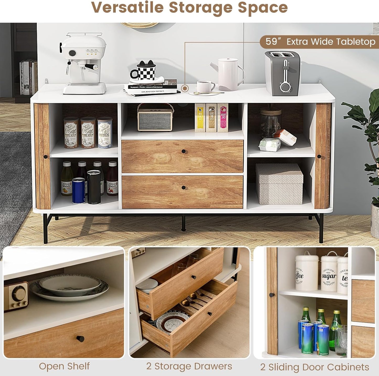 Buffet Sideboard, Mid Century Modern Coffee Bar Station W/Sliding Tambour Doors & 2 Storage Drawers