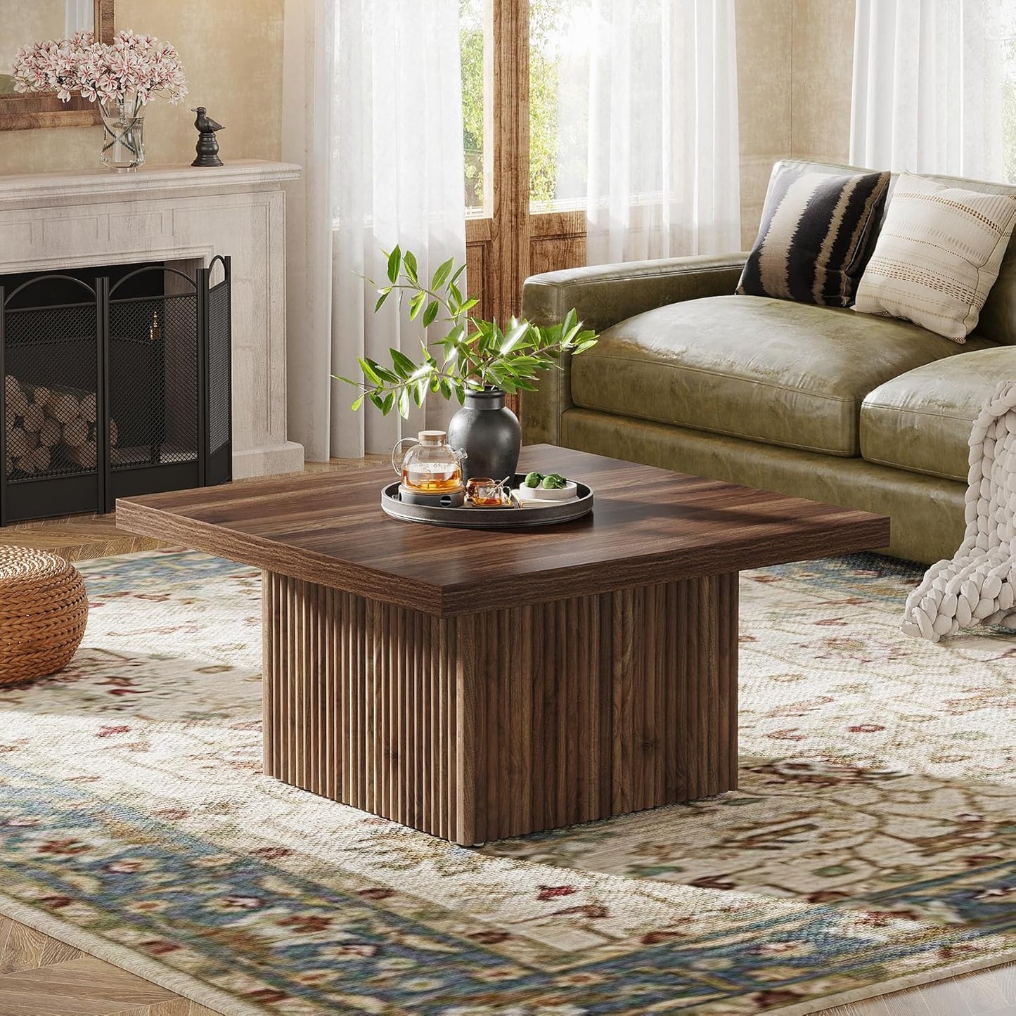 Square Coffee Table, 31.5-Inch Engineered Wood Coffee Table for Living Room, Vintage Brown Center Table, Large Mid-Century Modern Cocktail Table