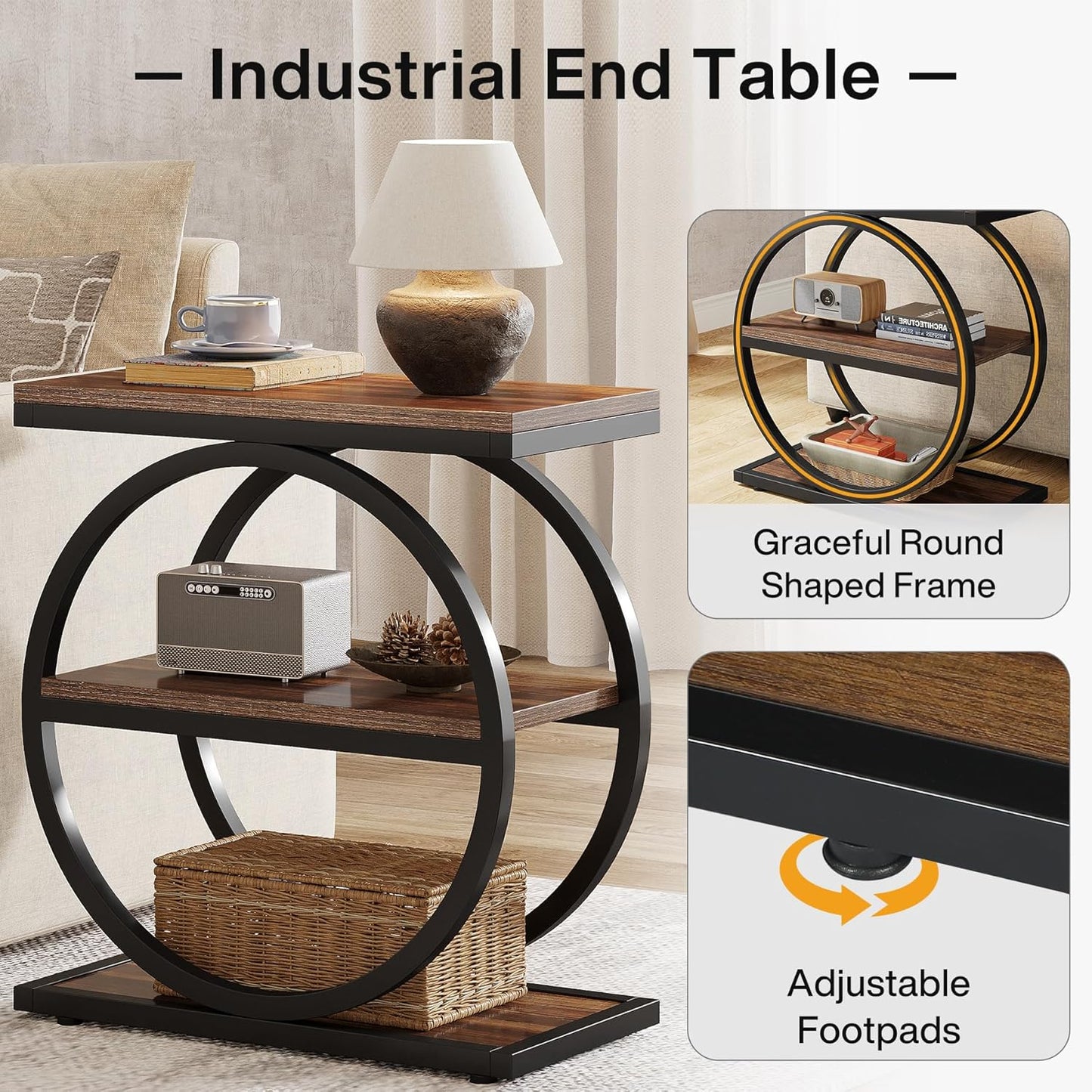 End Table, Narrow End Table with 3 Storage Shelves,
