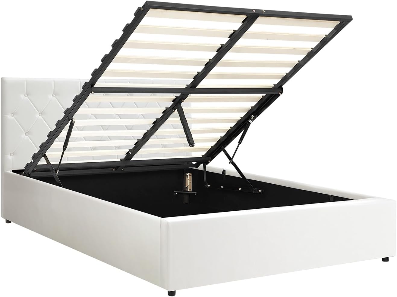 Queen Bed Frame with Storage and Gas Lift Leather Bed White