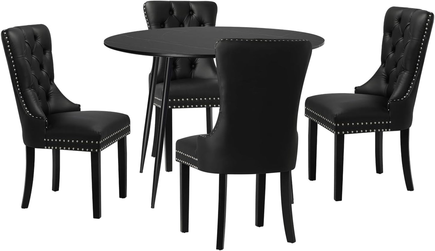 Dining Table and Chair Sets of 4 round Kitchen Table and Pu Leather Kitchen Chairs Black