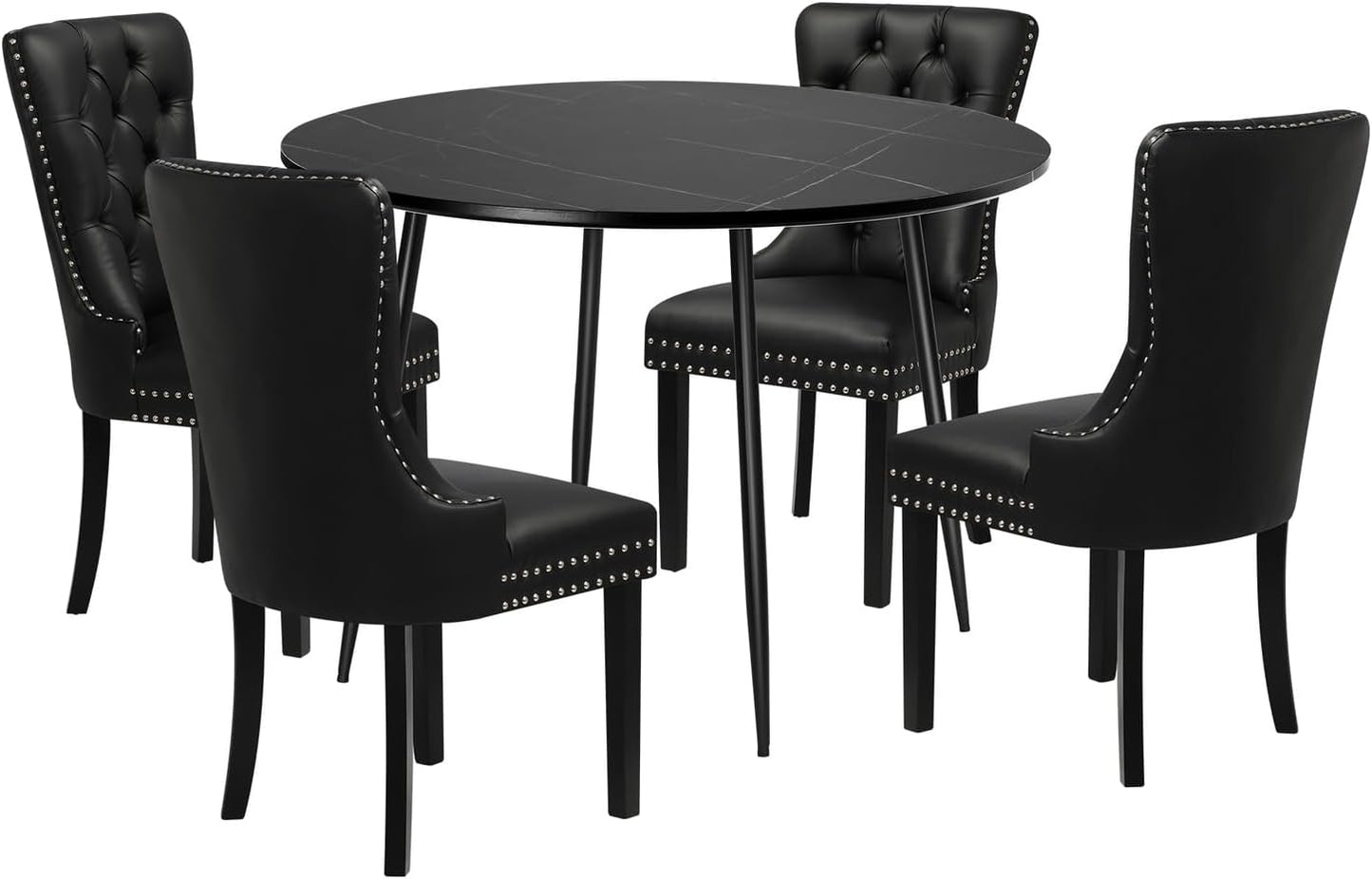 Dining Table and Chair Sets of 4 round Kitchen Table and Pu Leather Kitchen Chairs Black