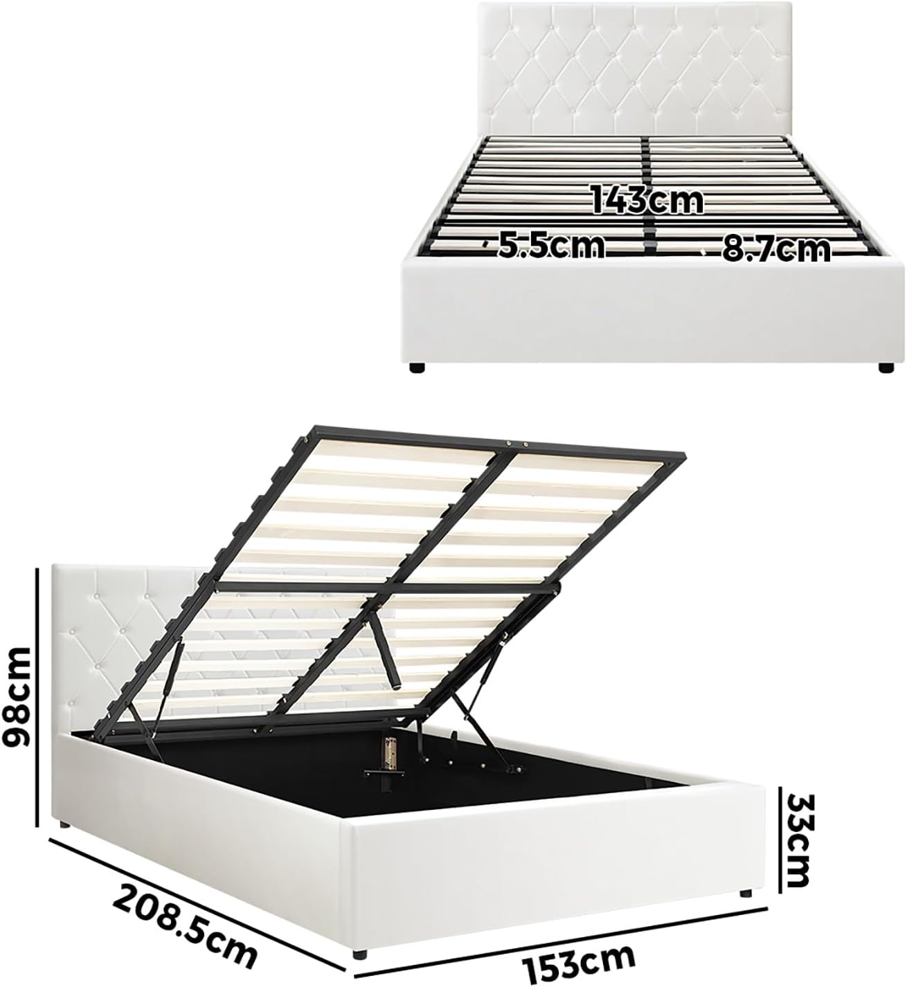 Queen Bed Frame with Storage and Gas Lift Leather Bed White