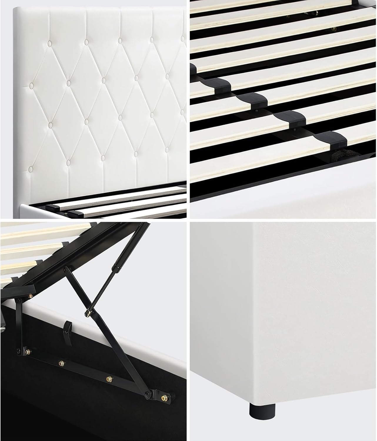 Queen Bed Frame with Storage and Gas Lift Leather Bed White