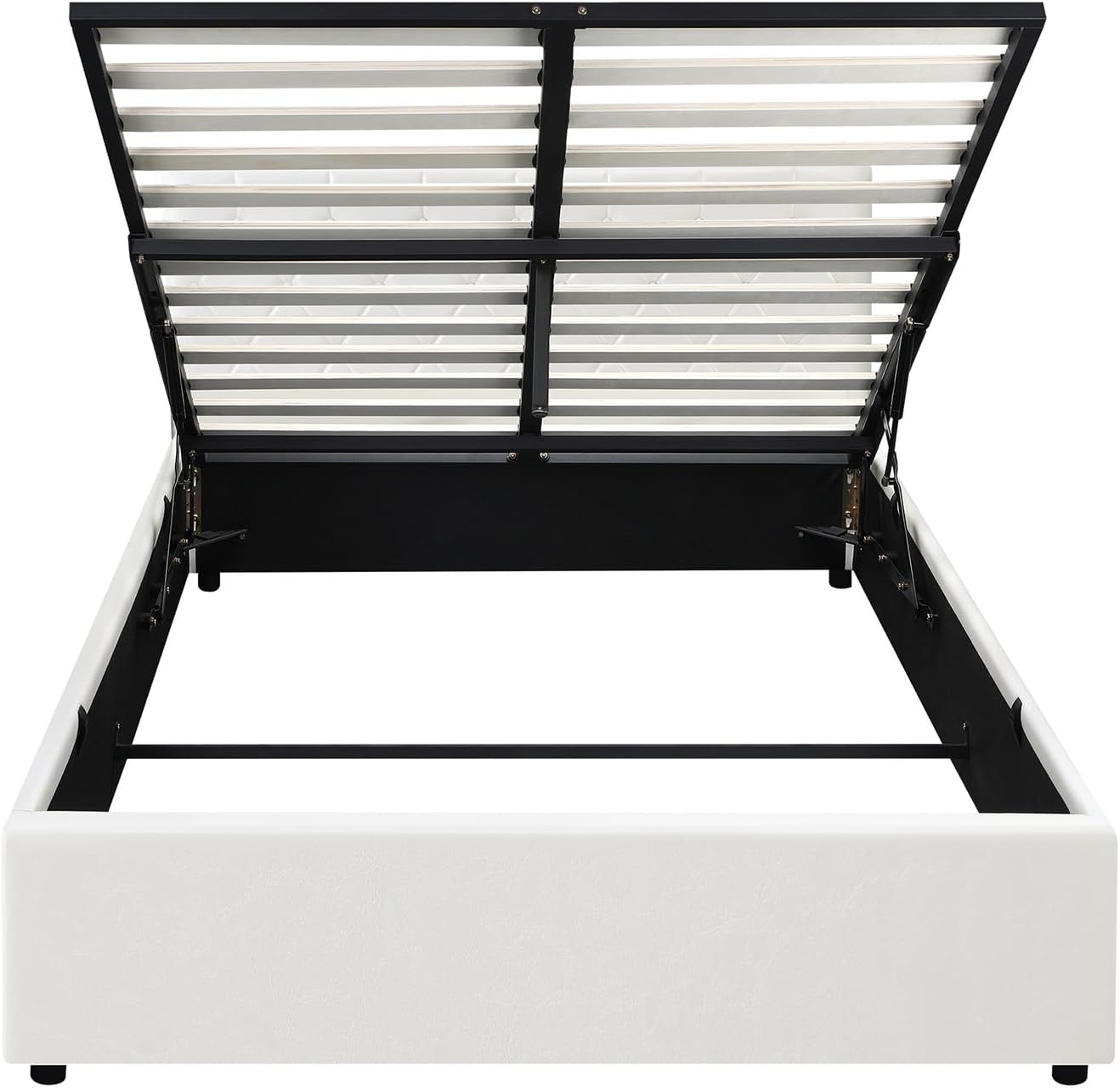 Queen Bed Frame with Storage and Gas Lift Leather Bed White