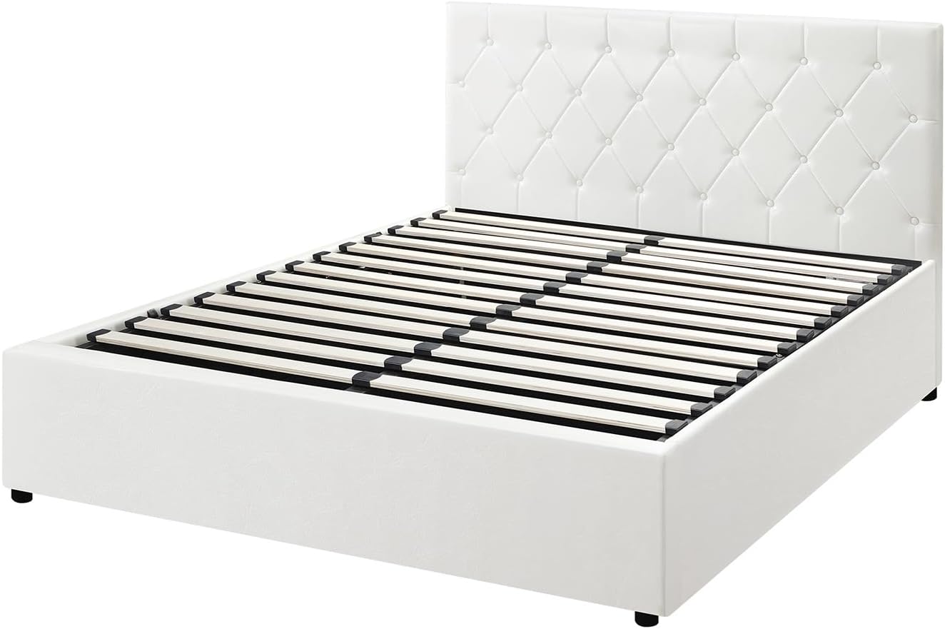 Queen Bed Frame with Storage and Gas Lift Leather Bed White