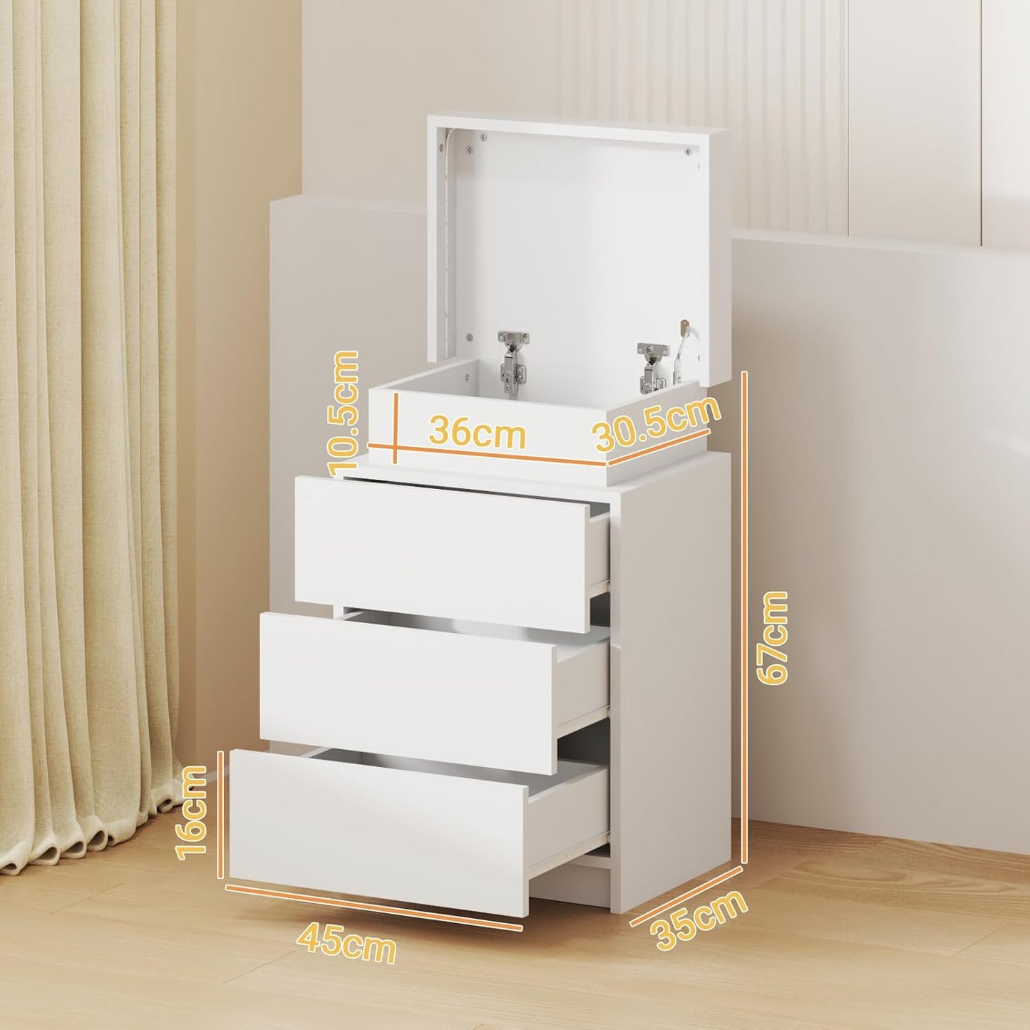 LED Bedside Table, Nightstand with Lift up Storage and 3 Drawers, Storage Cabinet for Bedroom Living Room, High Gloss White