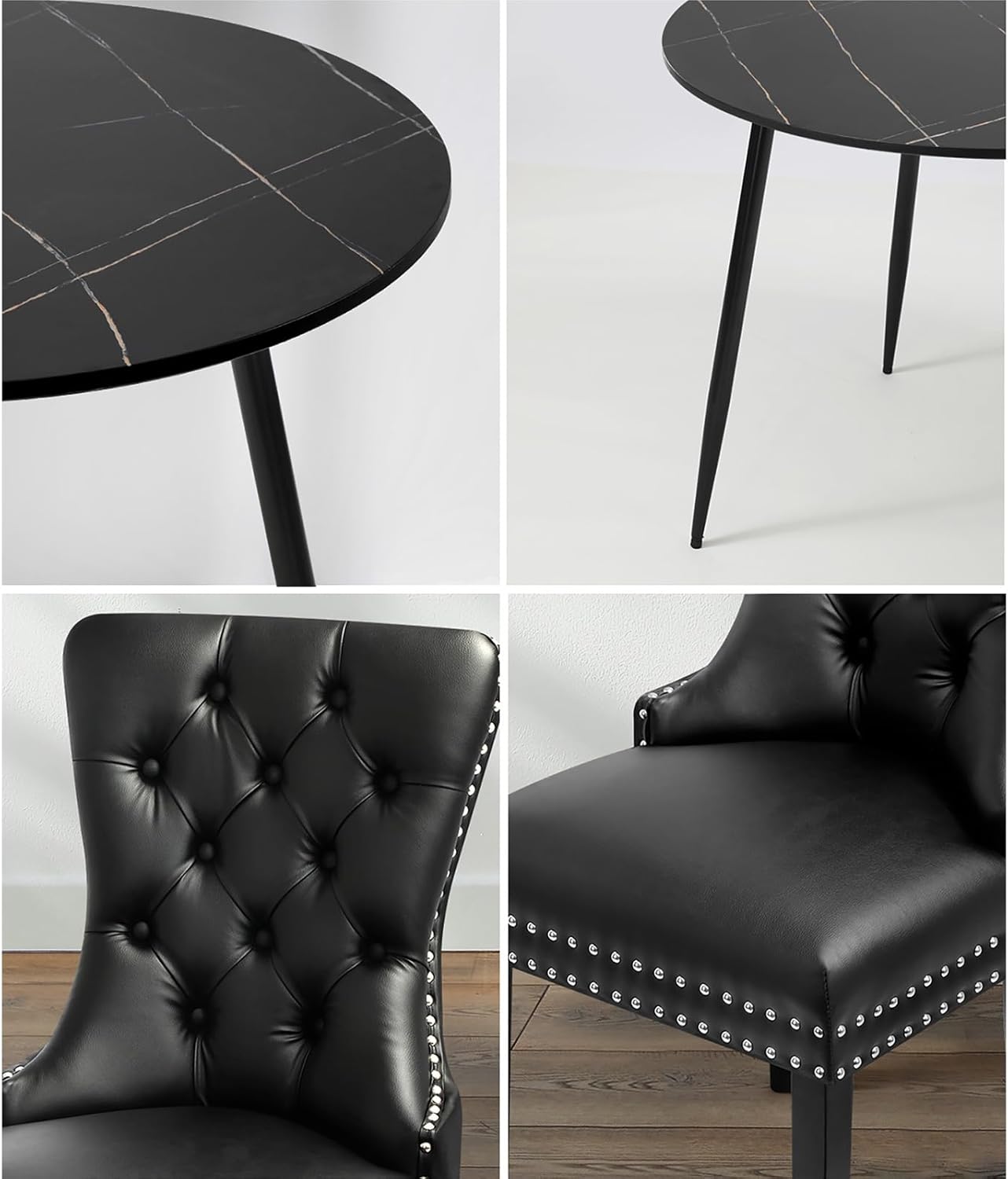 Dining Table and Chair Sets of 4 round Kitchen Table and Pu Leather Kitchen Chairs Black