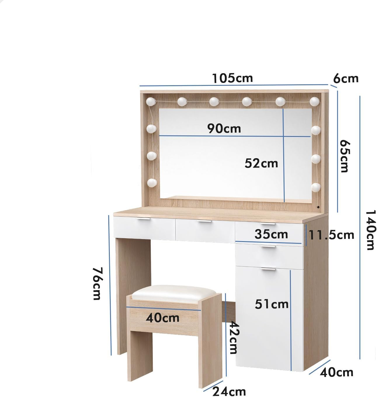 Dressing Makeup Table & Stool Set, Vanity Desk with Mirror 12 LED Light Bulbs in Adjustable 3-Colour, Jewellery Dresser Organiser with Drawers for Bedroom Dressing Room, Wood White
