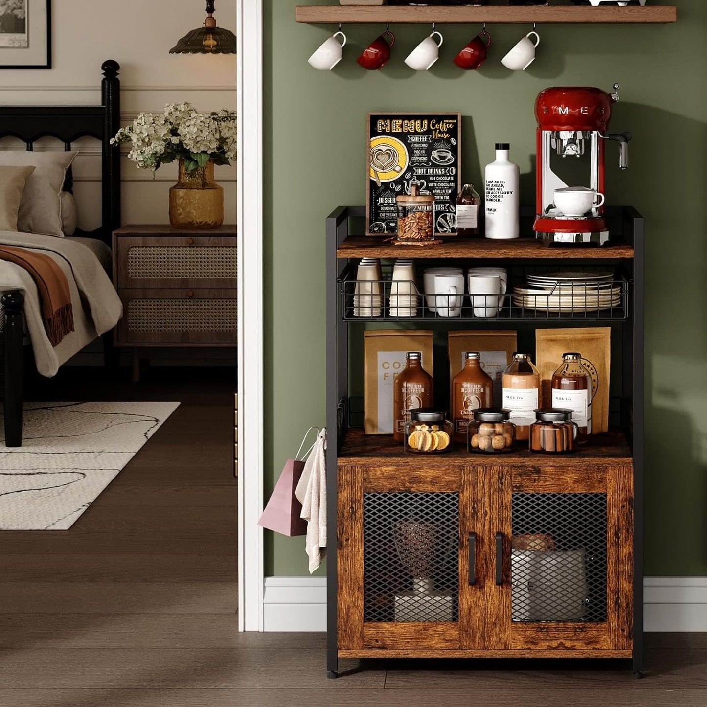 Coffee Bar Cabinet, 3 Tier Coffee Station Table on Wheels, 35.9'' H Bar Cart with Wire Basket Drawer & 5 Hooks for Home Kitchen
