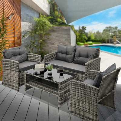 Outdoor Patio Furniture Set with Pillow and Cushion Wicker Material Table and Chairs 4Pcs Grey