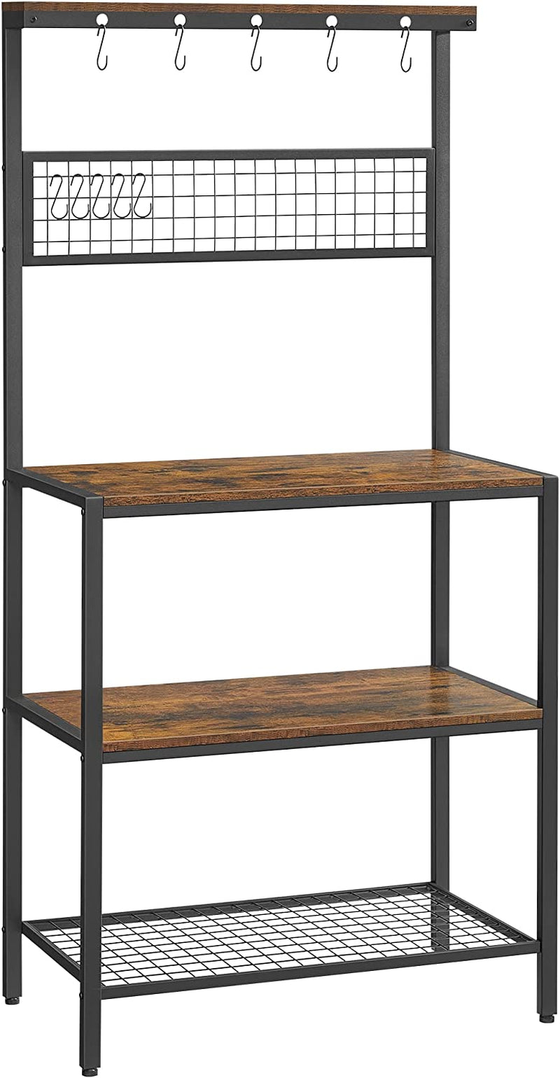 VASAGLE Bakers Rack, Coffee Bar, Kitchen Storage Shelf Rack with 10 Hooks, 3 Shelves, Adjustable Feet, for Microwave Oven, 15.7 X 33.1 X 66.9 Inches, Industrial, Rustic Brown and Black UKKS17BX