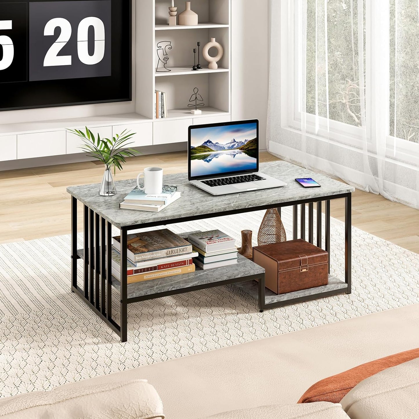 Faux Marble Coffee Table, Rectangular 2-Tier Center Table with Open Storage Shelf, Modern Long Cocktail Table Snack Table with Metal Frame for Living Room, Home, Office, Gray