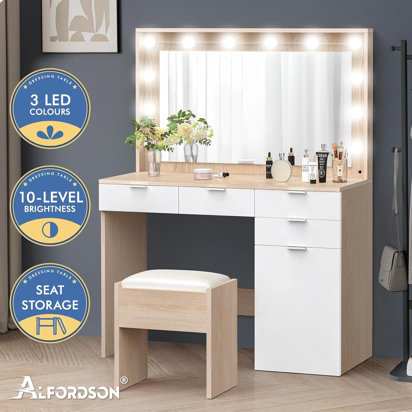 Dressing Makeup Table & Stool Set, Vanity Desk with Mirror 12 LED Light Bulbs in Adjustable 3-Colour, Jewellery Dresser Organiser with Drawers for Bedroom Dressing Room, Wood White