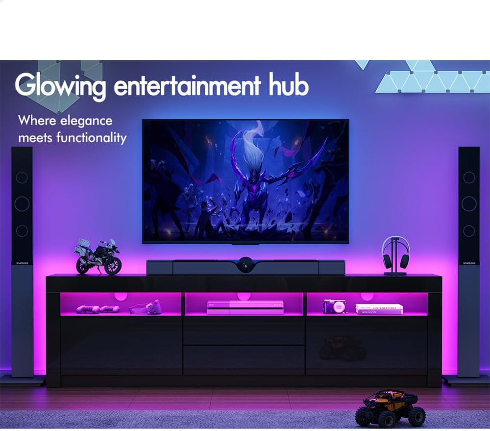 ALFORDSON LED Light TV Cabinet Stand with Storage Cabinet, Shelves and Drawers, Entertainment Unit with Shelves & 2 Drawers, RGB Minimalist Design Multimedia Centres,180X35X60Cm, Black