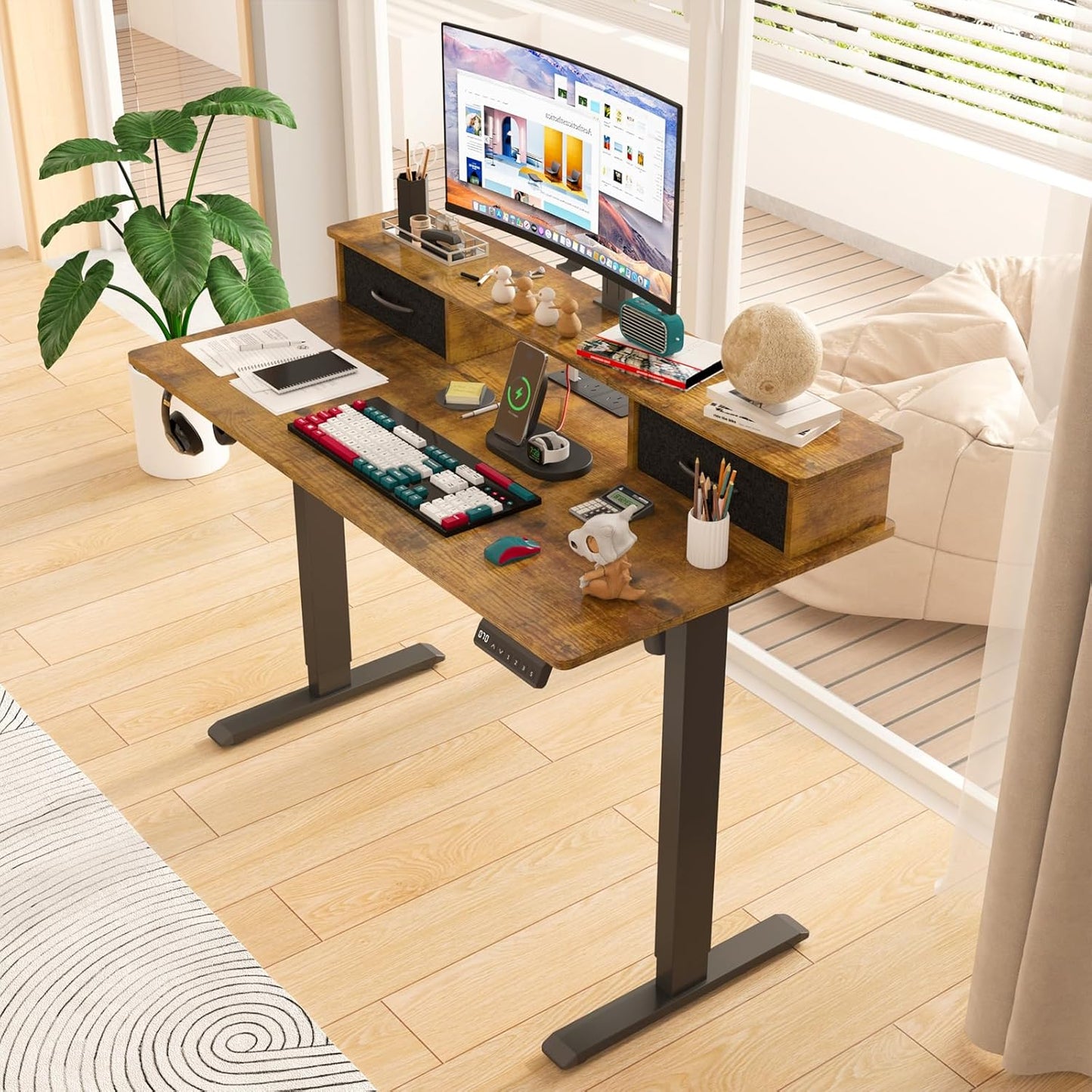 ADVWIN Electric Standing Desk with 2 Drawers, Adjustable Height Sit Stand up Desk with Storage Shelf, 120Cm Splice Board Walnut