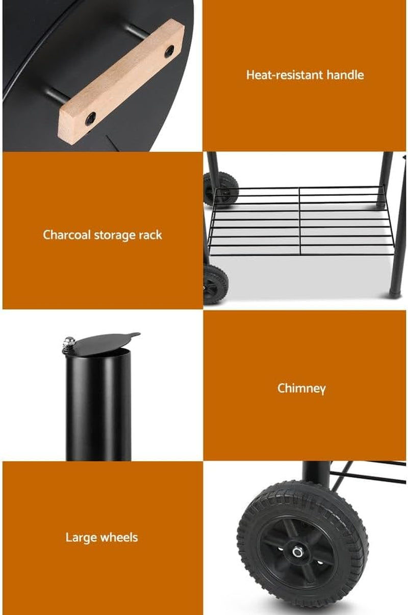 Charcoal BBQ Grill, Smoker Cooking Tool, with Wheels Stainless Steel Rack Black
