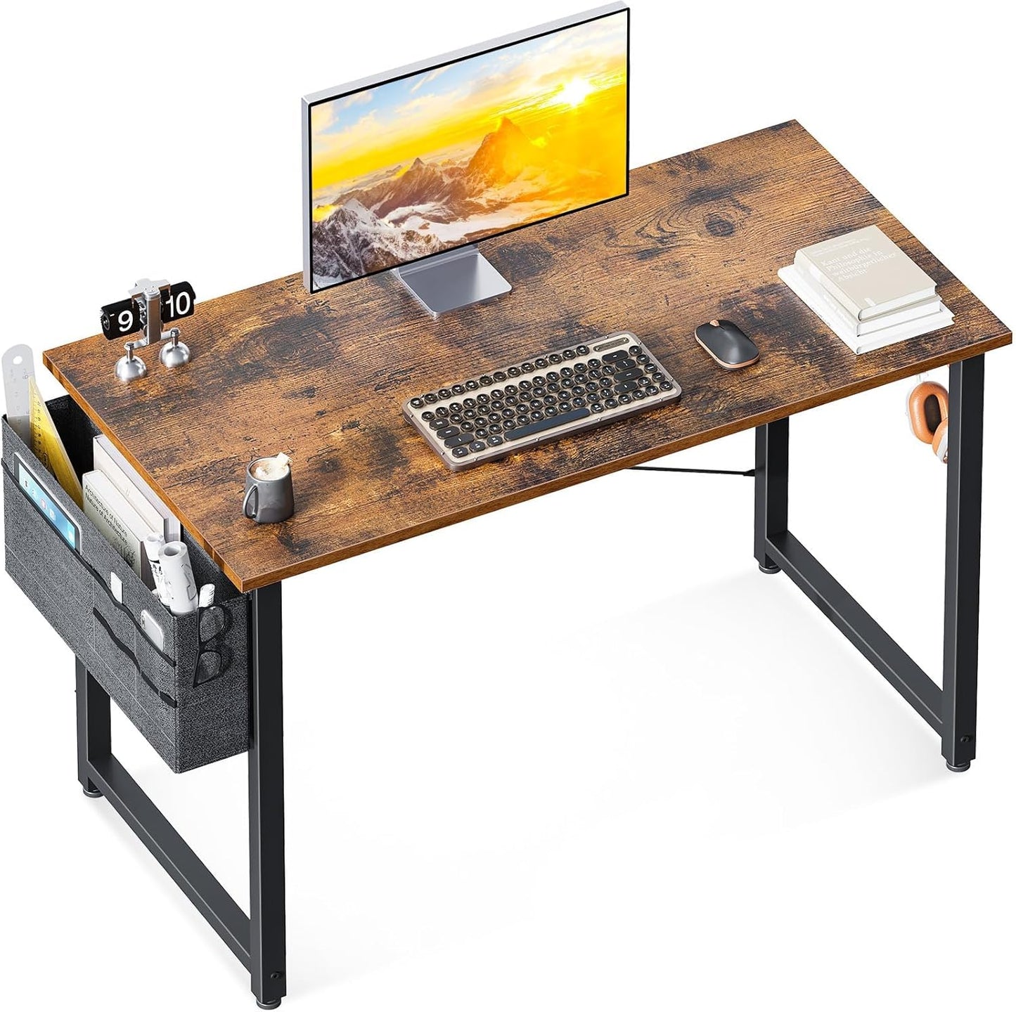 ODK Computer Desk Home Office Desk, Modern Writing Table, Simple Style PC Table with Storage Bag and Headphone Hook,100 * 48Cm White