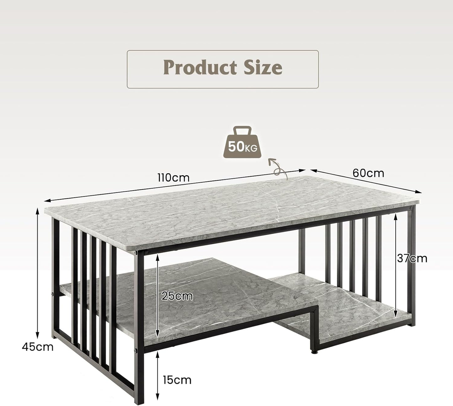 Faux Marble Coffee Table, Rectangular 2-Tier Center Table with Open Storage Shelf, Modern Long Cocktail Table Snack Table with Metal Frame for Living Room, Home, Office, Gray
