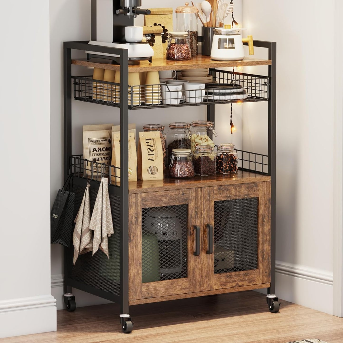 Coffee Bar Cabinet, 3 Tier Coffee Station Table on Wheels, 35.9'' H Bar Cart with Wire Basket Drawer & 5 Hooks for Home Kitchen