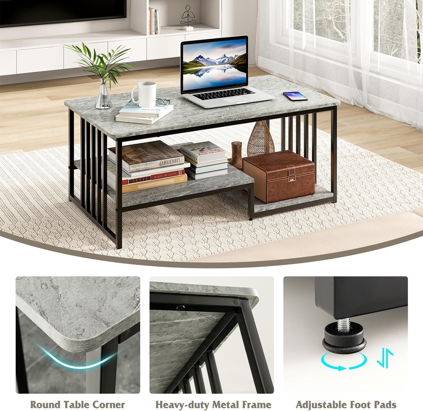 Faux Marble Coffee Table, Rectangular 2-Tier Center Table with Open Storage Shelf, Modern Long Cocktail Table Snack Table with Metal Frame for Living Room, Home, Office, Gray