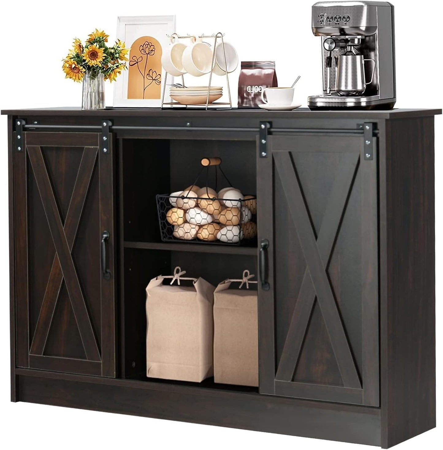 Coffee Bar Cabinet with Sliding Barn Doors, 42” Sideboard Buffet Cabinet with Storage, Farmhouse Coffee Bar Station Table Liquor Wine Bar Cabinet with Shelves for Kitchen, Espresso