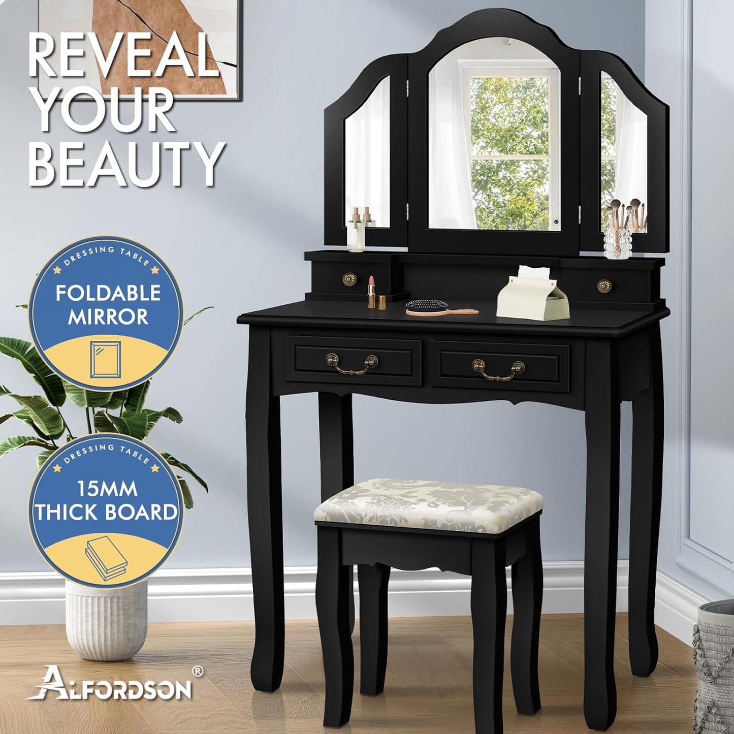 Dressing Table and Stool Chair Set Black Color, Makeup Vanity Desk with Foldable Tri-Fold Mirror, Dresser Organiser for Women Bedroom Dress Room