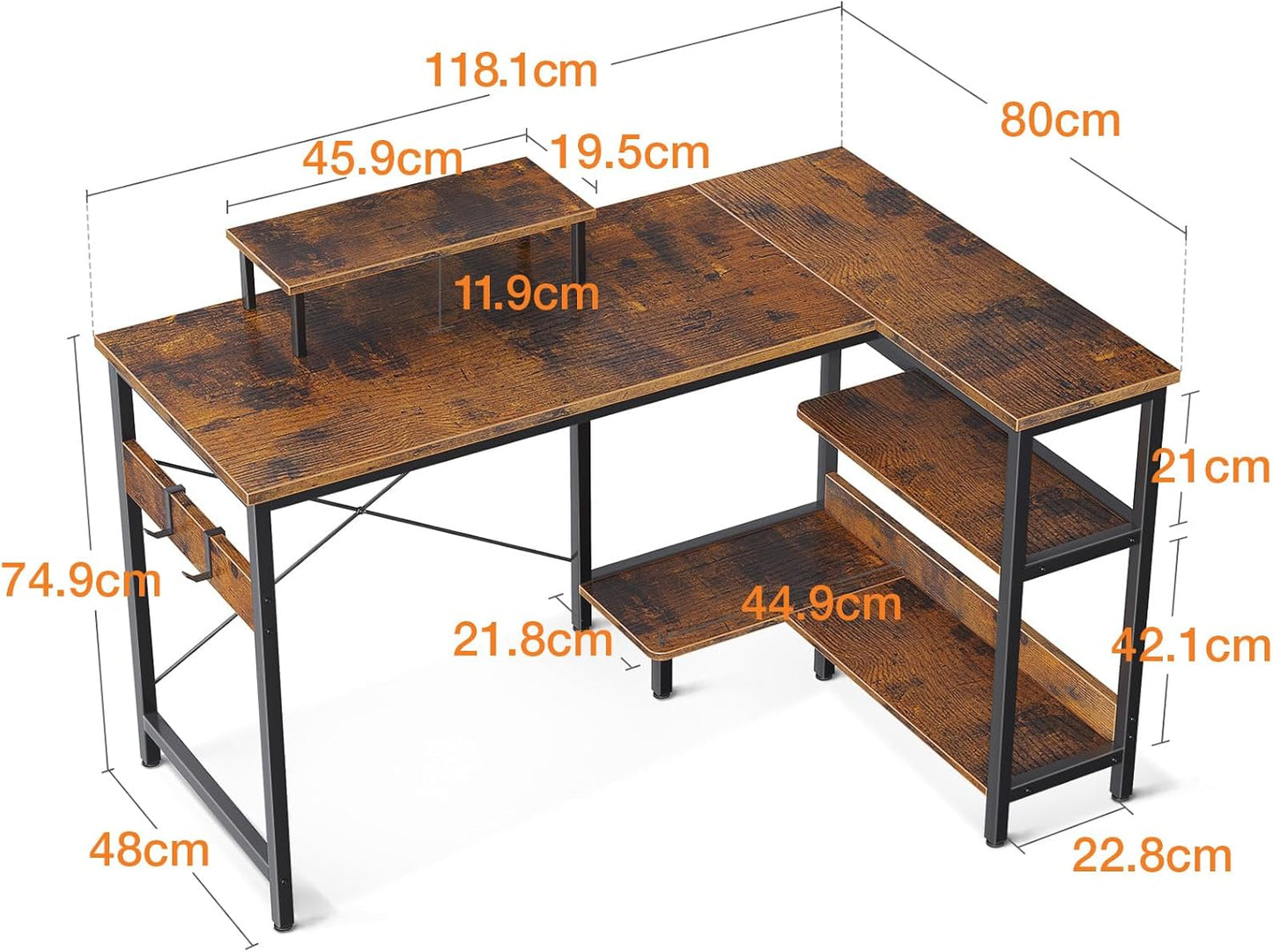 ODK L Shaped Computer Desk with Reversible Storage Shelves, L-Shaped Desk 118 * 80 * 86.4Cm Corner Desk with Monitor Stand for Small Space, Modern Writing Table for Home Office Desk, Rustic Brown
