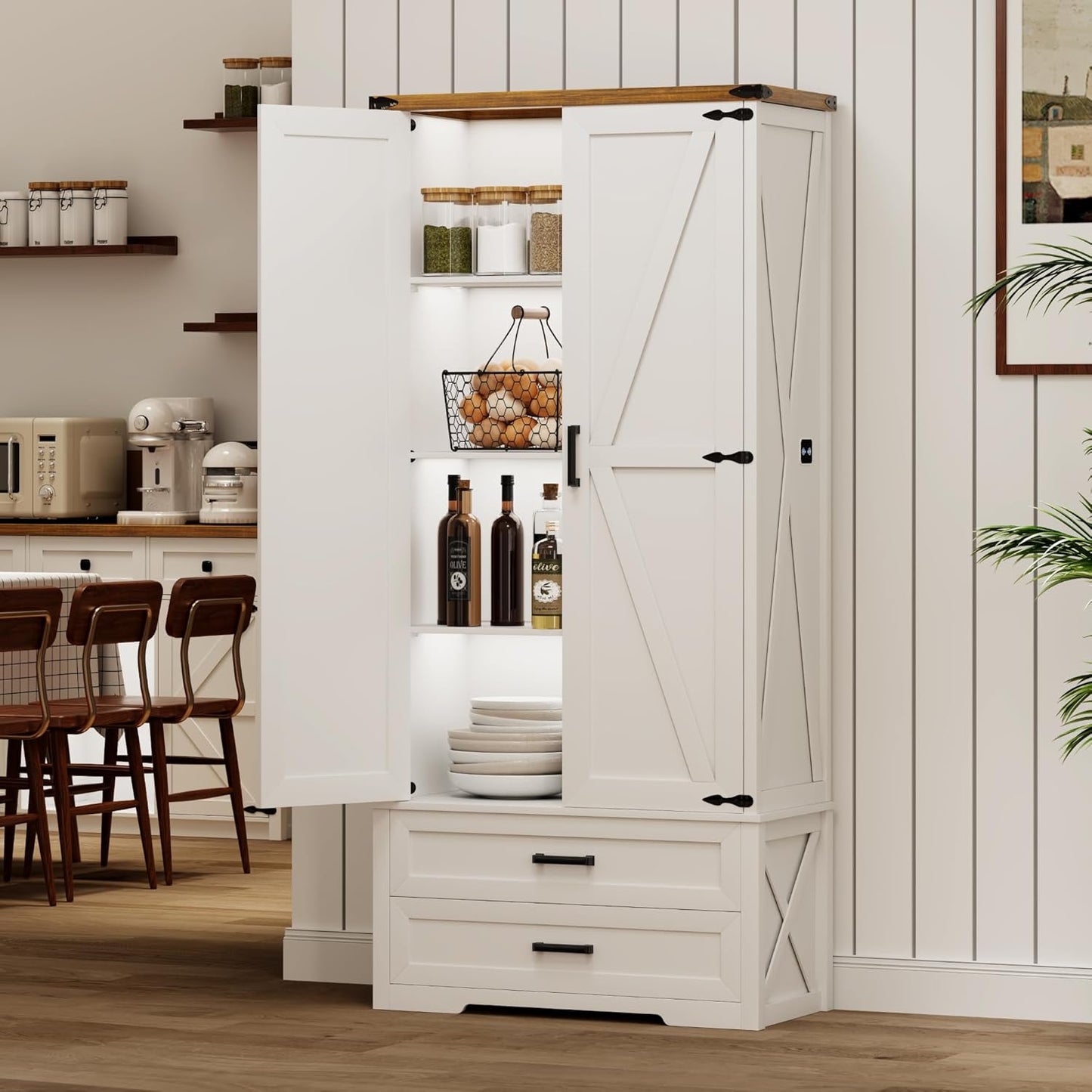 Farmhouse Storage Cabinet with Adjustable Shelves, 69" Tall Pantry Cabinet with 2 Drawers & Doors, Wood Storage with LED Light for Kitchen, Dining Room, Bathroom, Utility Room, White