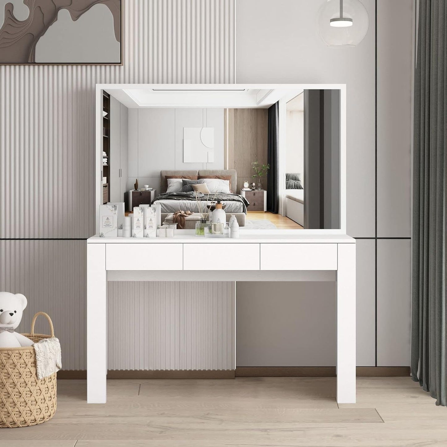 Dressing Table with Mirror Vanity Makeup Table with 3 Drawers Storage Modern Bedroom Furniture White