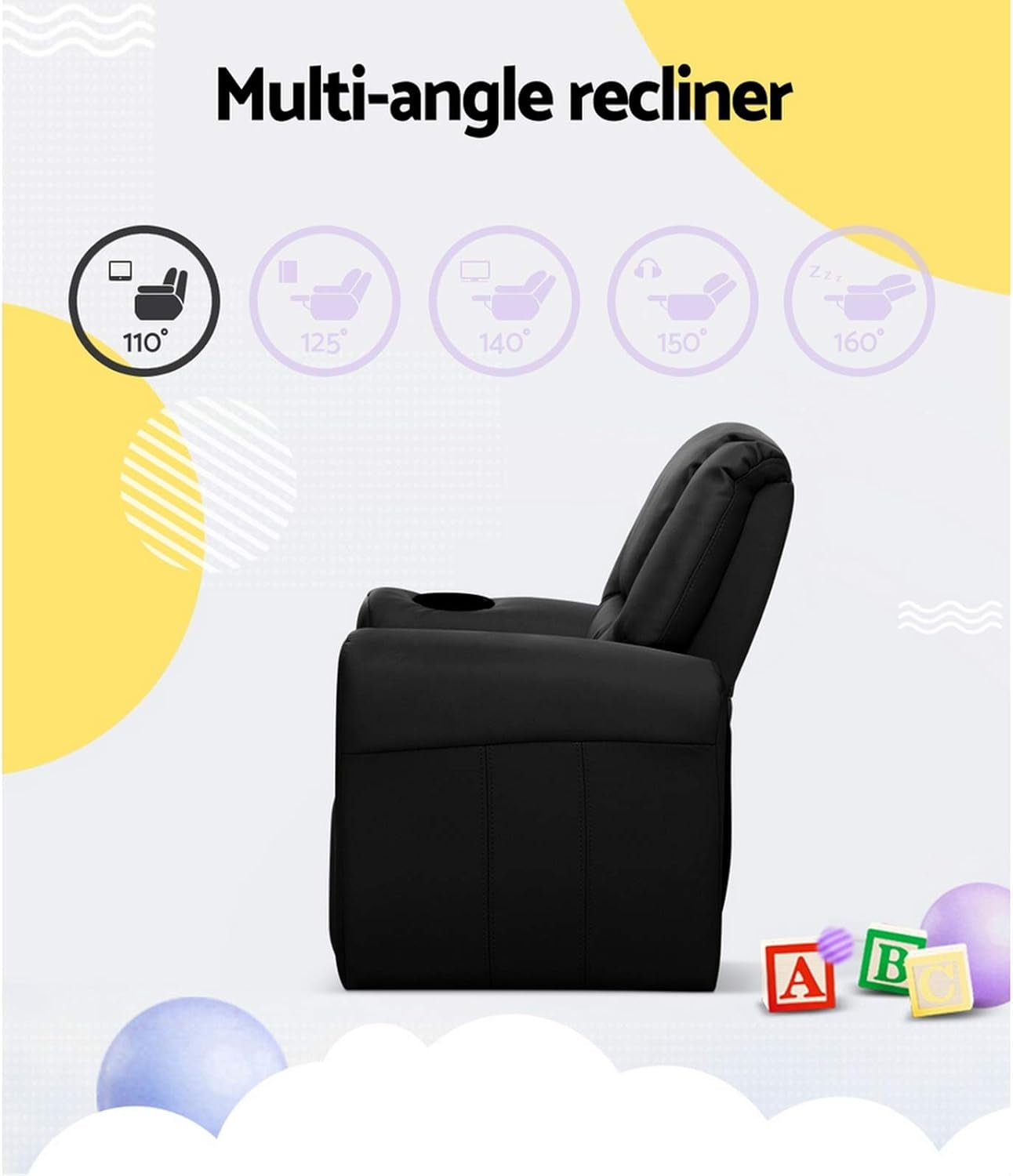 Keezi Kids Recliner Chair, PU Leather Sofa Couch Armchair Loungefly Outdoor Chairs Home Bedroom Living Room Playroom Children Furniture, with 9Cm Thick Foam Padding Precise Recline Adjustment Grey