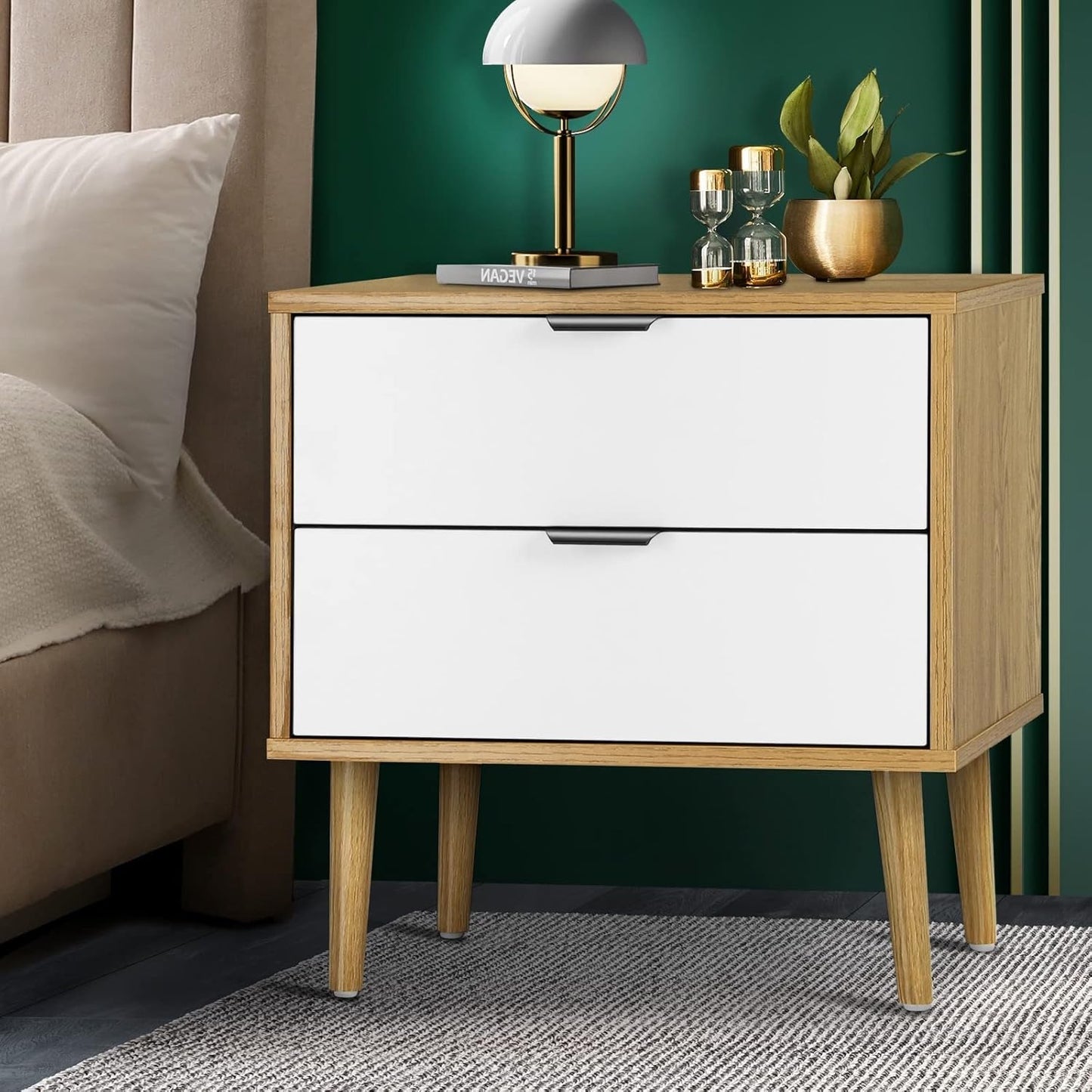 Bedside Tables 2 Drawers Side Tables Organiser Tall Nightstand Bedroom Furniture Storage Cabinet Wooden,White and Wood