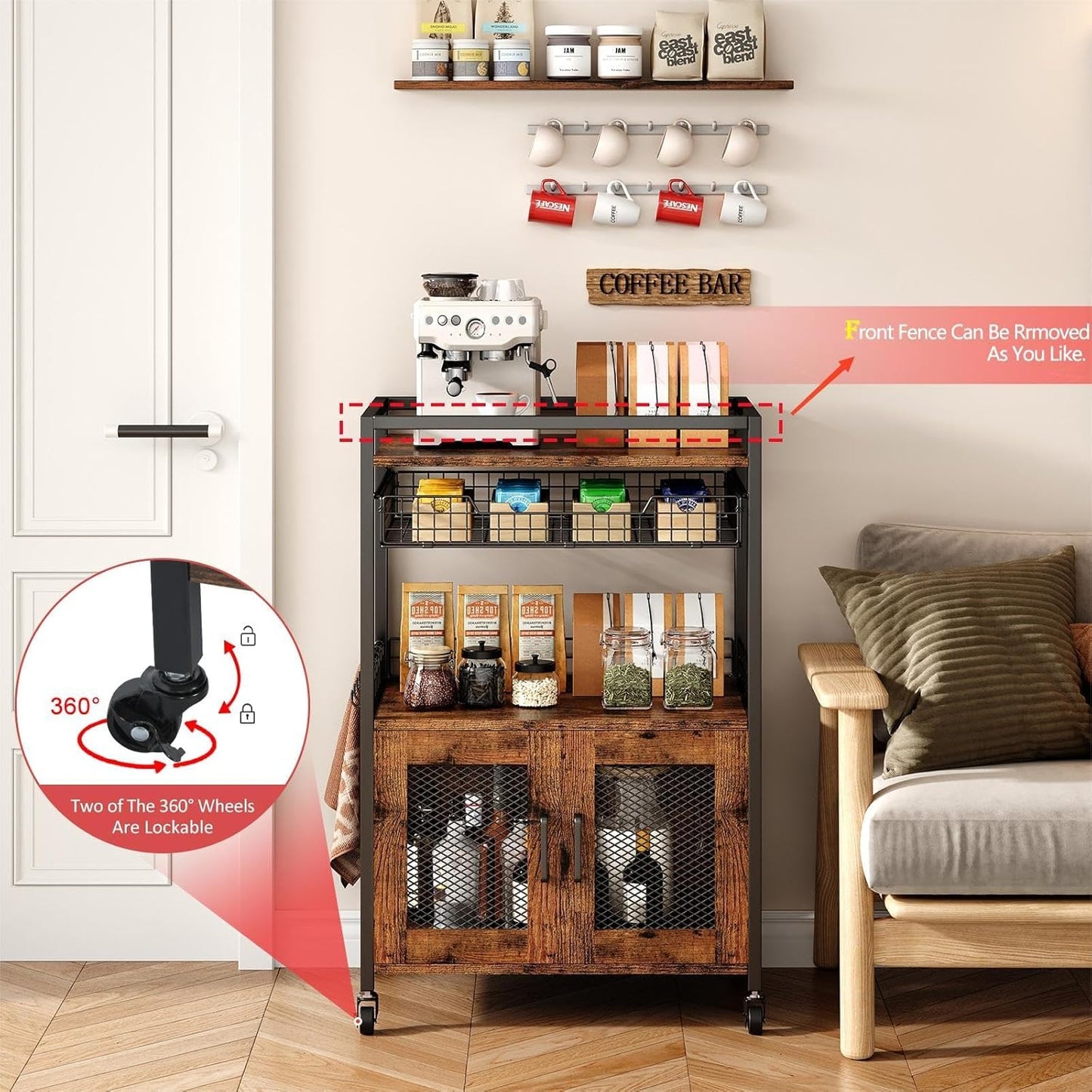 Coffee Bar Cabinet, 3 Tier Coffee Station Table on Wheels, 35.9'' H Bar Cart with Wire Basket Drawer & 5 Hooks for Home Kitchen