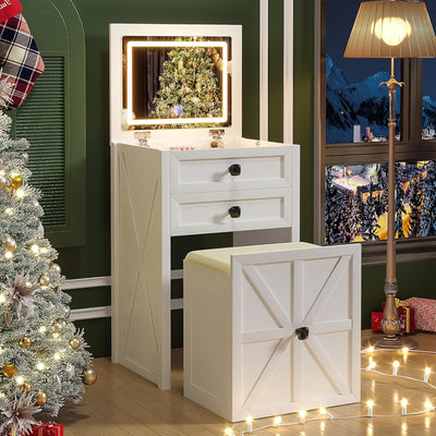 Farmhouse Vanity Desk with Mirror&Lights, 3 in 1 Small Makeup Vanity Set with Stool, Space-Saving Makeup Vanity with Storage Compartment, Dressing Table for Bedroom/Cloakroom, White