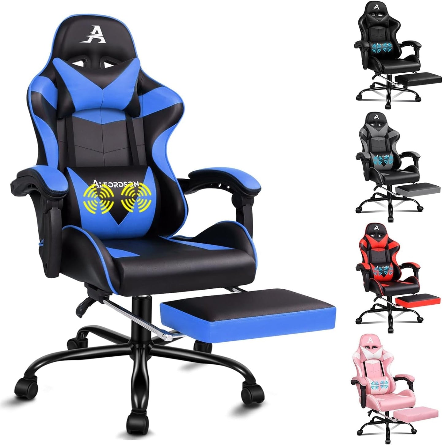 ALFORDSON Gaming Chair with Massage and 150° Recline, Ergonomic Executive Office Chair PU Leather with Footrest, Height Adjustable Racing Chair with SGS Listed Gas-Lift, Max 180Kg (Cyan)