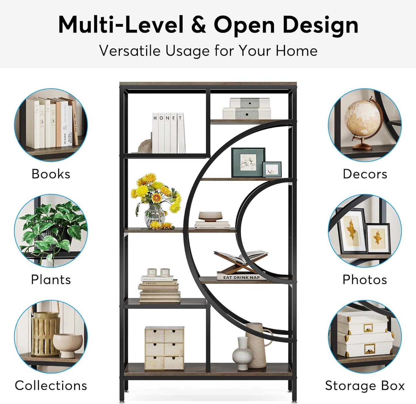 Geometric Bookcase, 71 Inches, Industrial 8-Tiers Bookshelves, Rustic Etagere Bookcase with Metal Frame, Tall Freestanding Open Storage Shelving Units for Home Office, Living Room
