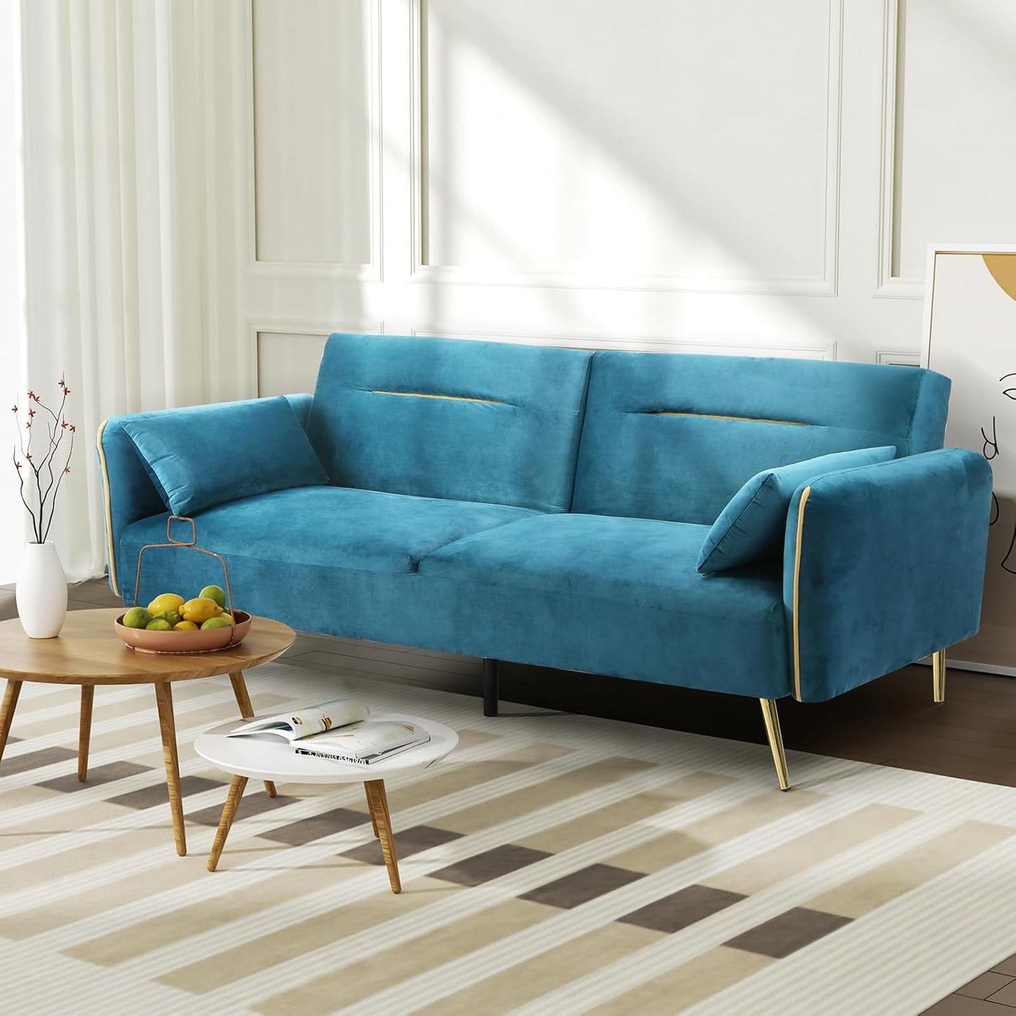 3 Seater Sofa Bed, Convertible Velvet Lounge Futon Couch with Recliner, Adjustable 3 Level Backrest with 2 Throw Pillow, Golden Legs for Small Spaces(198Cm X 80Cm X 83Cm, Peacock Blue)